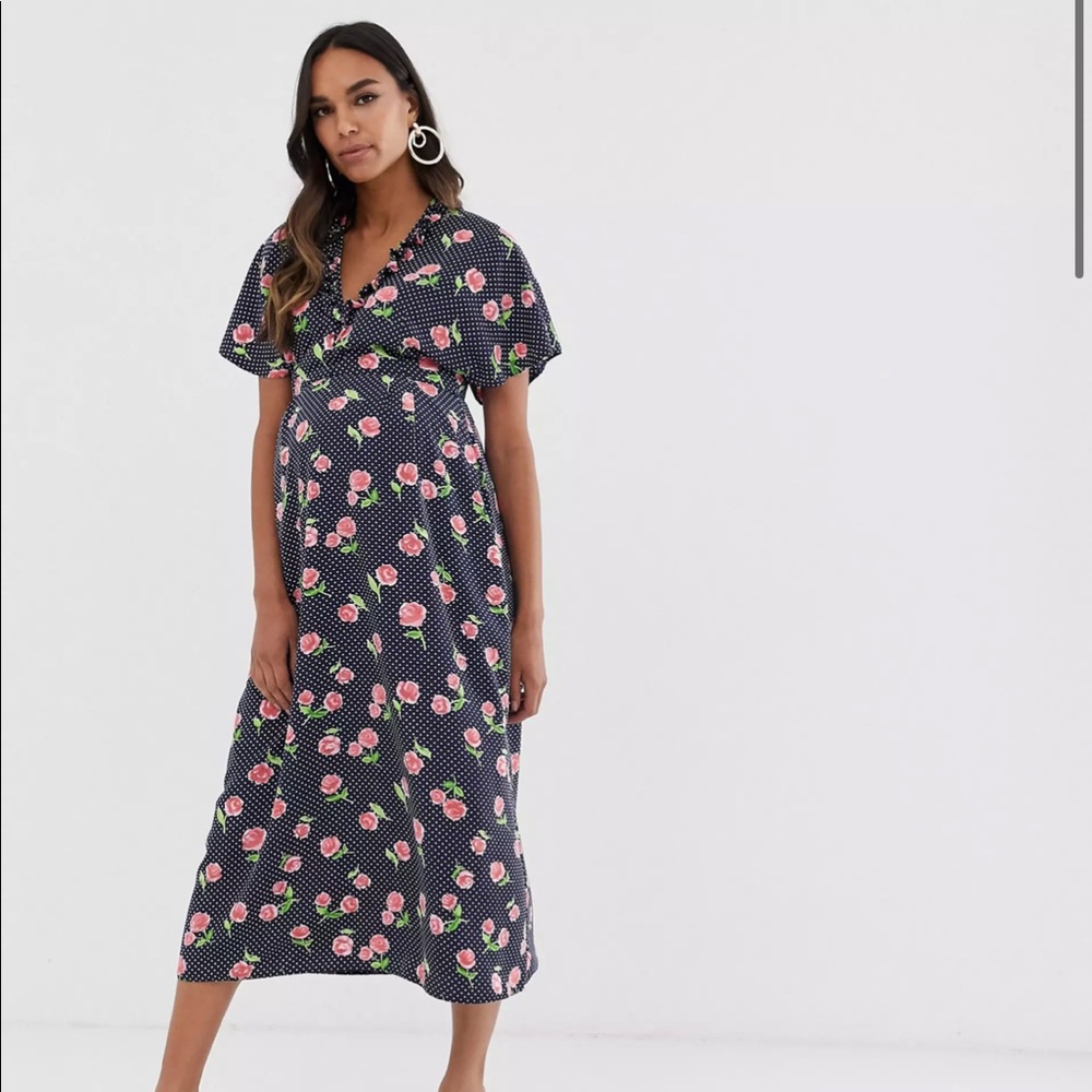 Floral Maternity fluted sleeve midi dress